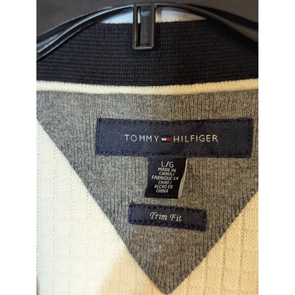 Tommy Hilfiger Mens Trim Fit Cardigan Sweater 1985 Patch Button Front L/XL Cream - Picture 2 of 7